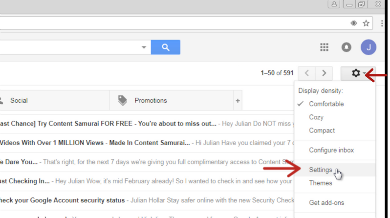 Gmail settings menu item