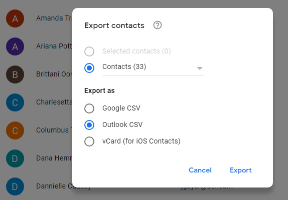 how to export contacts from outlook to gmail